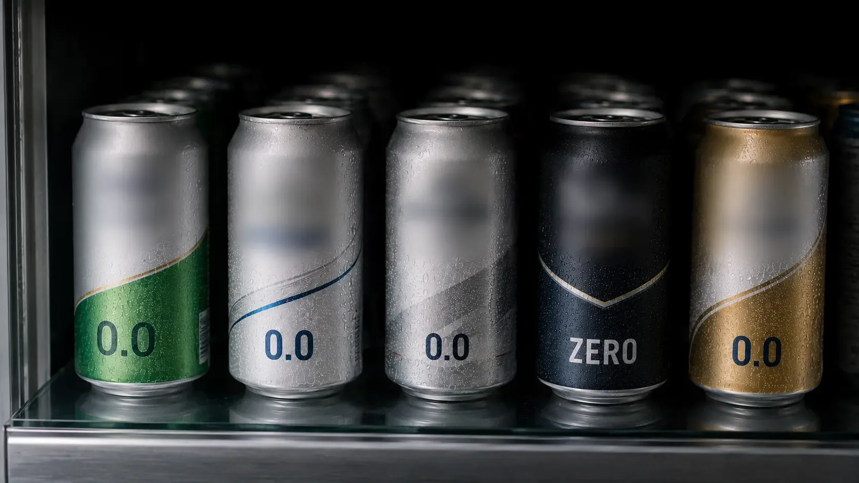 A chiller shelf lined with mass-market non-alcoholic beer cans, every one labelled 0.0 or ZERO